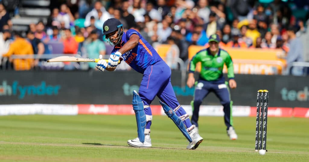Sanju Samson hitting the ball in a T20 International cricket match for India against Ireland