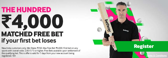 Banner showing the current Betway welcome offer that can be claimed during the Cricket World Cup