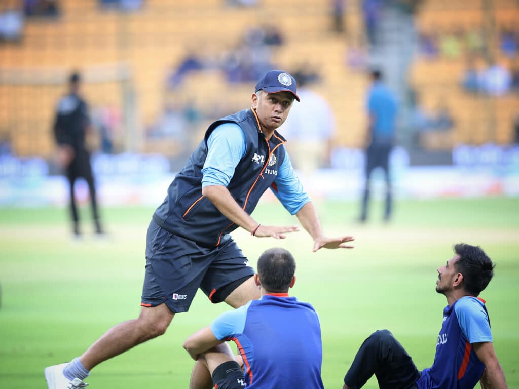 India national team coach Rahul Dravid giving instructions to players ahead of a T20 cricket match.